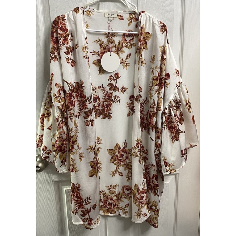 Umgee Women Floral Boho Kimono Cardigan Oversized Hippie Gypsy Ivory/Red S/M NWT